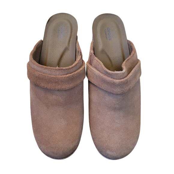 Crocs Slip On Heeled Clogs Mules 6 Brown Suede Leather SARAH - Picture 2 of 8